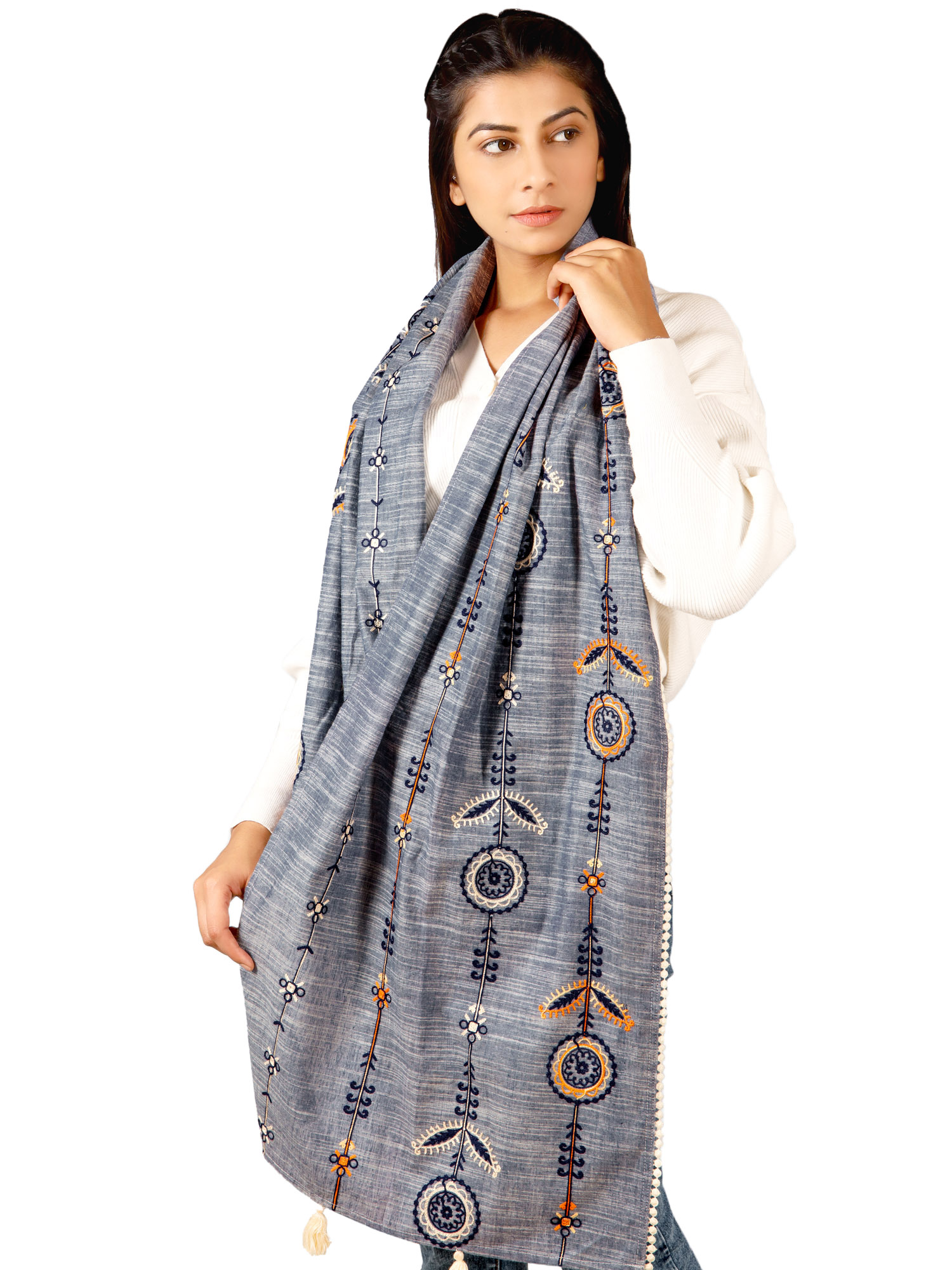 Charmed Cement Indigo Khadi Embrodiered Stole/Scarf