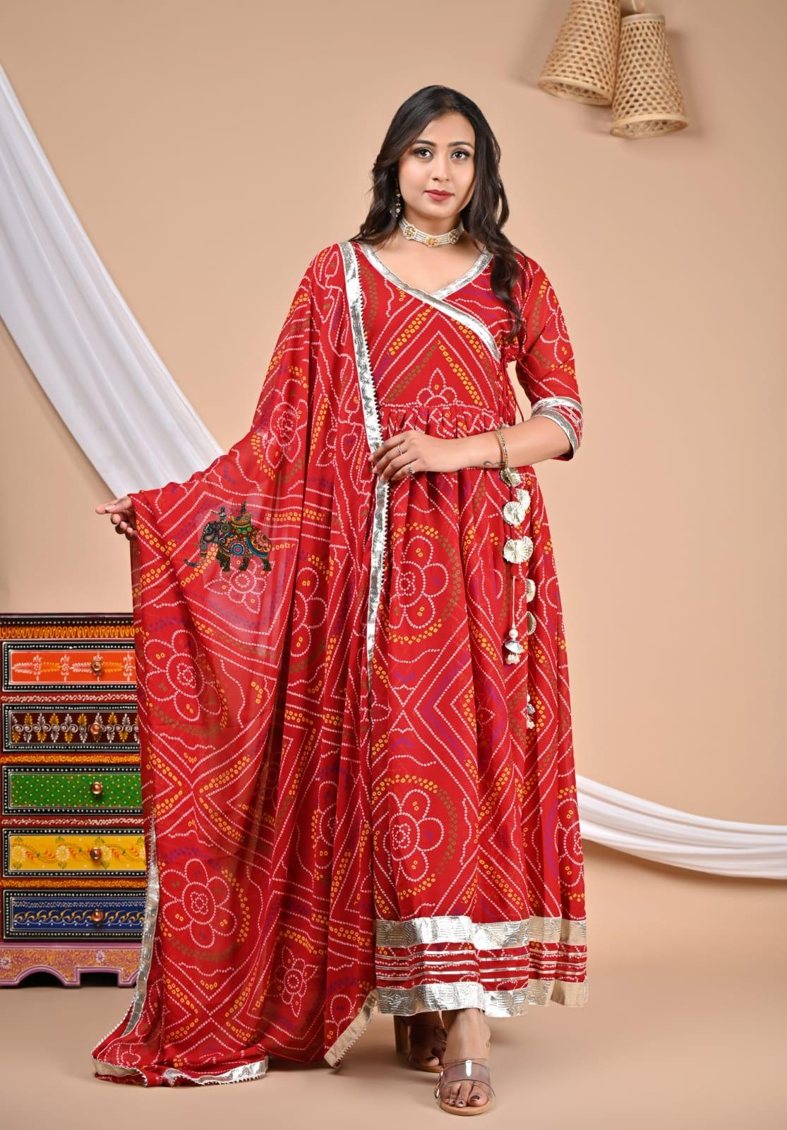 Red Bandhej Georgette Gown with Dupatta