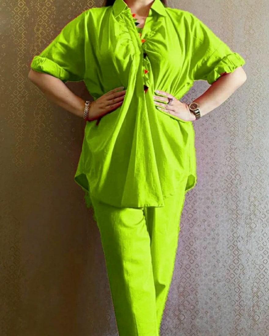 Neon Green Cotton Co-Ord Set with Rangoli Lace